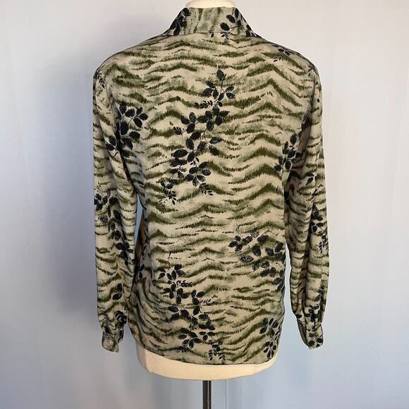 Vintage Blouse Top Size Small Olive Green Boho Leaf Print Long Sleeve Button - Picture 8 of 13